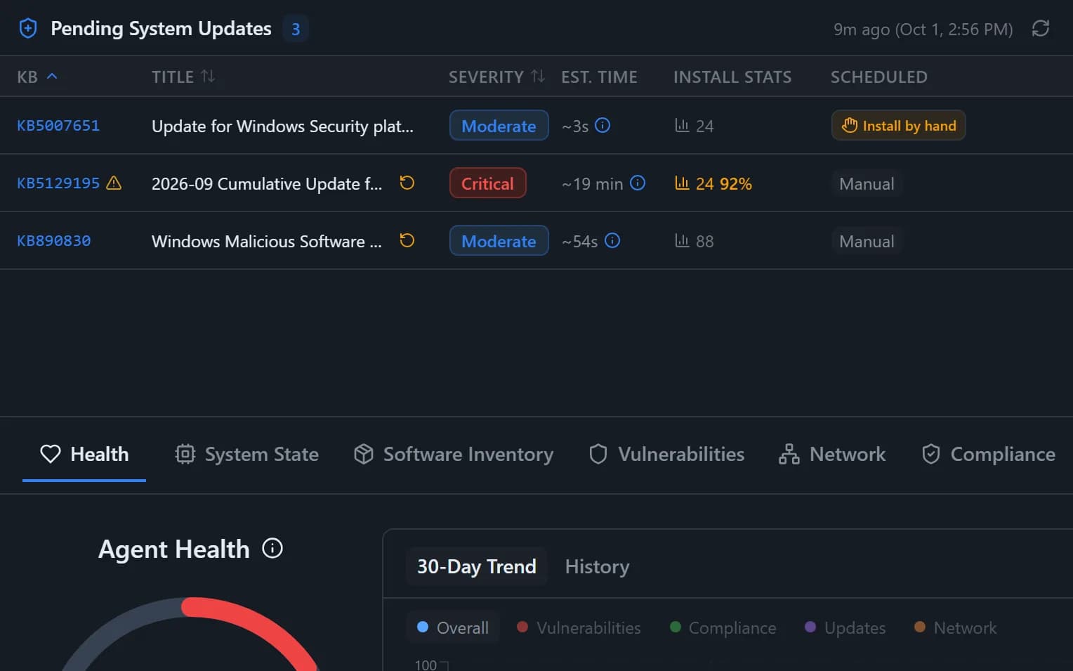 Pending Windows updates on one endpoint, including a critical cumulative update, with estimated install time and past install success rate
