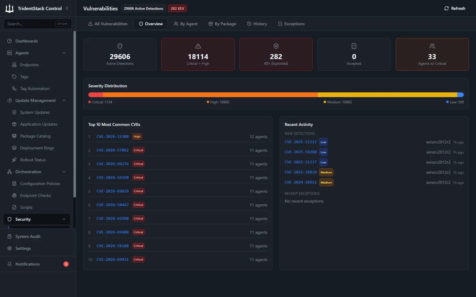 Fleet vulnerability overview with active detections, KEV count, severity distribution, and the most common CVEs